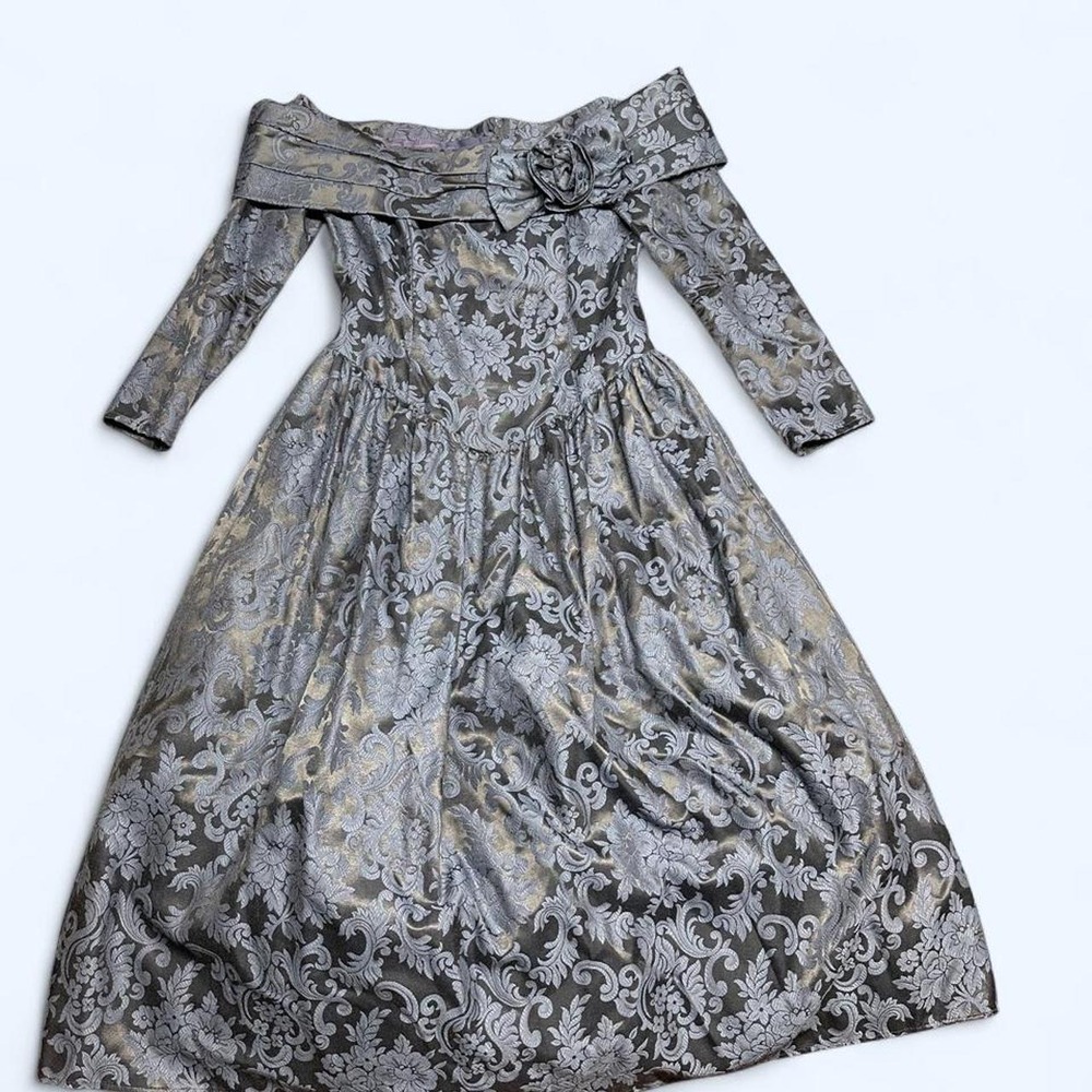 Vintage Scott McClintock Gown 14 Blue Damask Tapestry Off Shoulder Goth Romantic